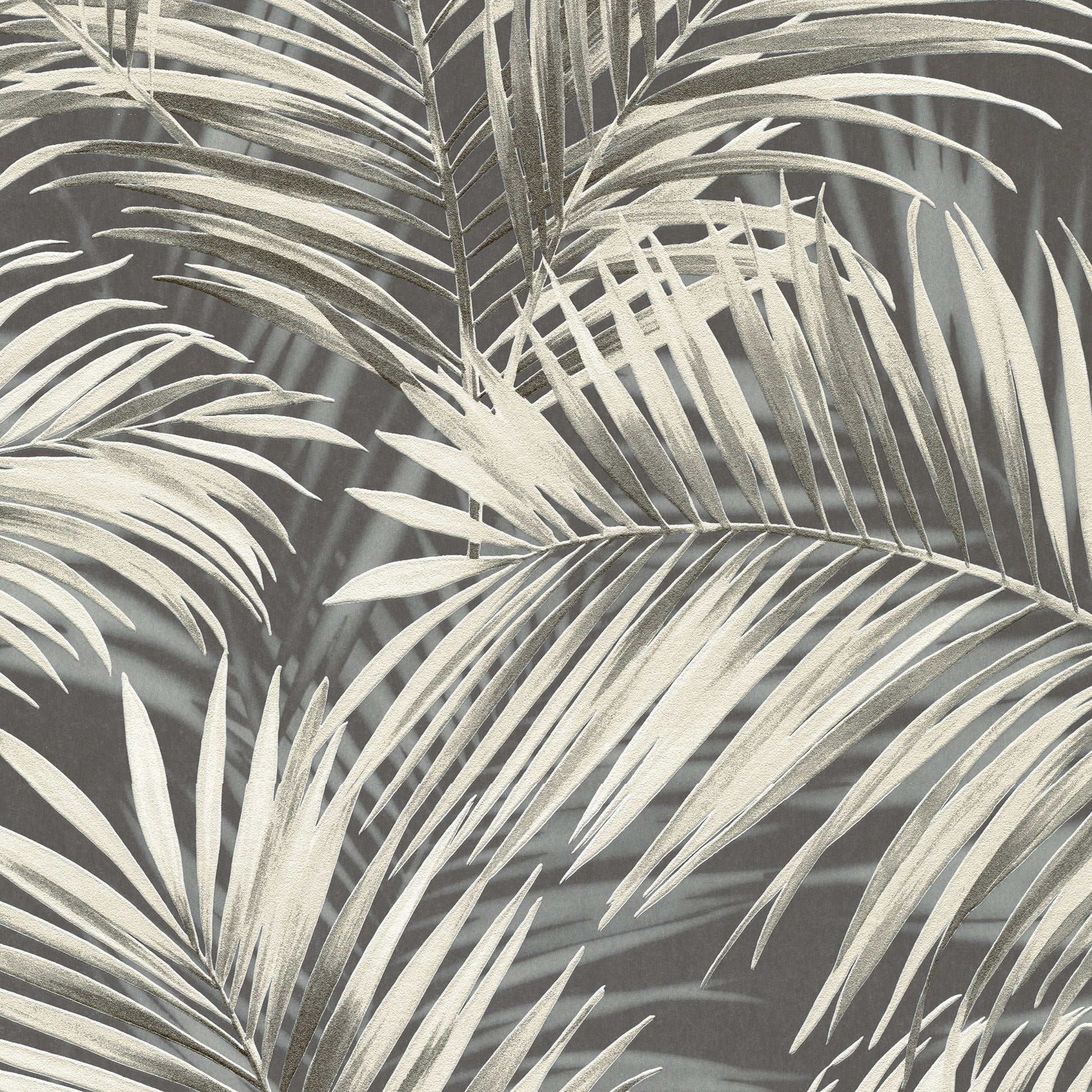 Monochrome grayscale palm leaf wallpaper pattern with overlapping fronds; tropical botanical design.