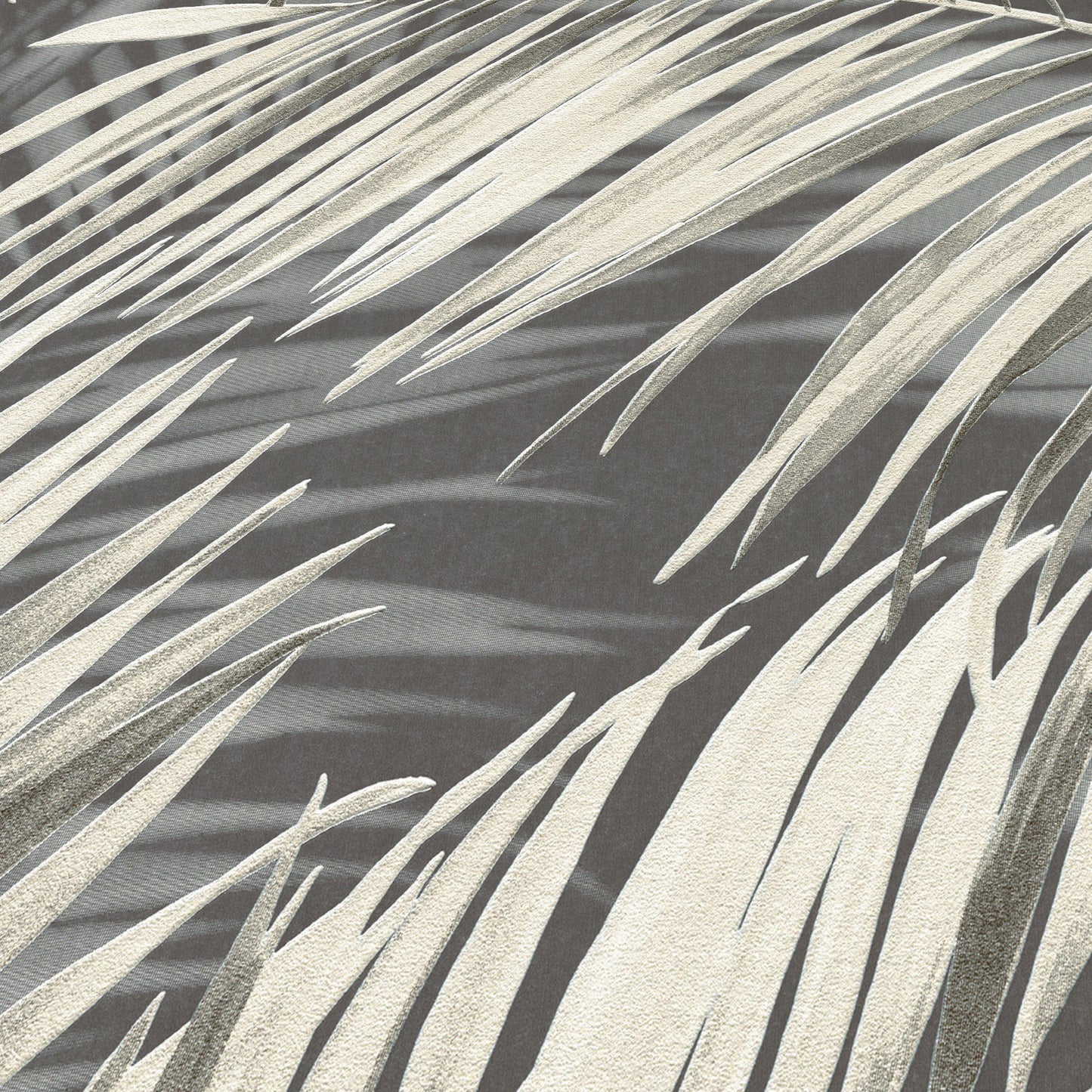 Cream palm frond pattern on gray background; tropical decor print.