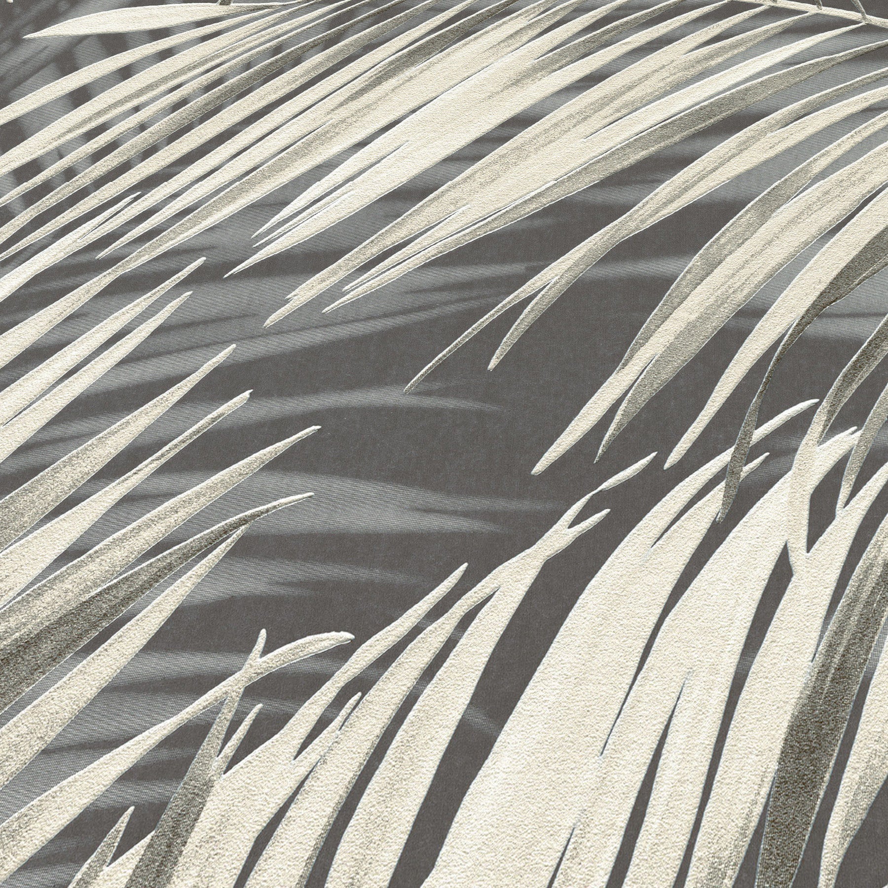 Cream palm frond pattern on gray background; tropical decor print.