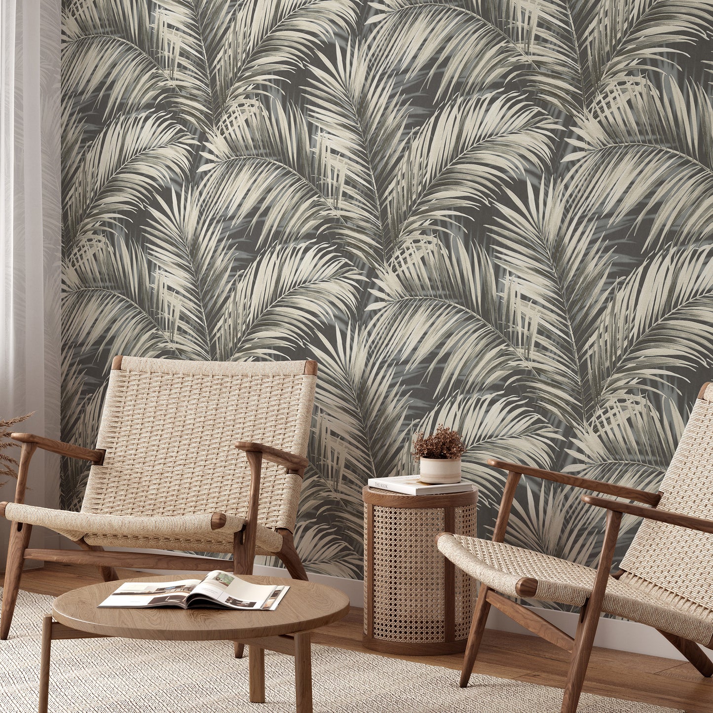 Black palm-leaf wallpaper with a tropical design.