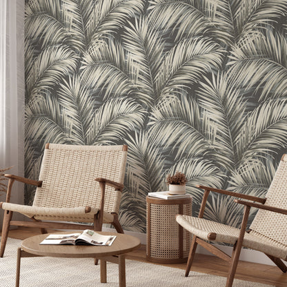 Black palm-leaf wallpaper with a tropical design.