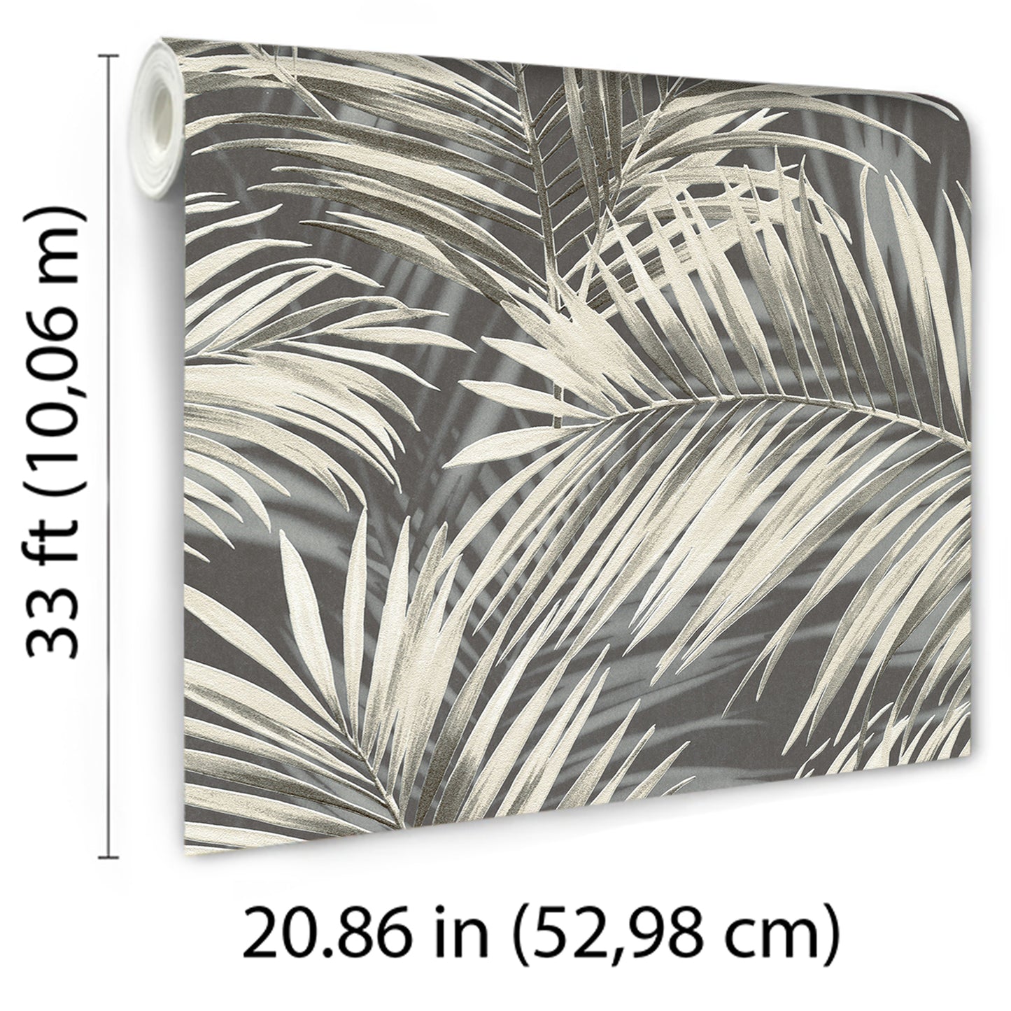 Rolled wallpaper panel with black palm fronds on charcoal gray background & tropical botanical print for walls.