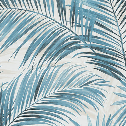 Blue palm fronds on cream background; tropical botanical print for fabric or wallpaper.