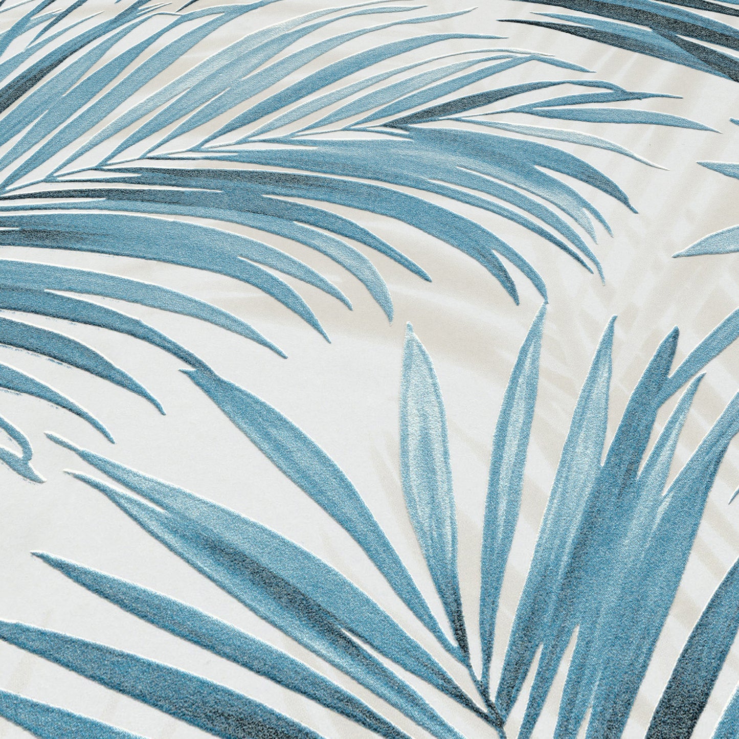 Blue-teal palm frond print on cream wallpaper; tropical botanical style.