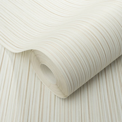 Cream striped wallpaper roll with subtle beige lines, rolled up to show curved edge and layered texture.