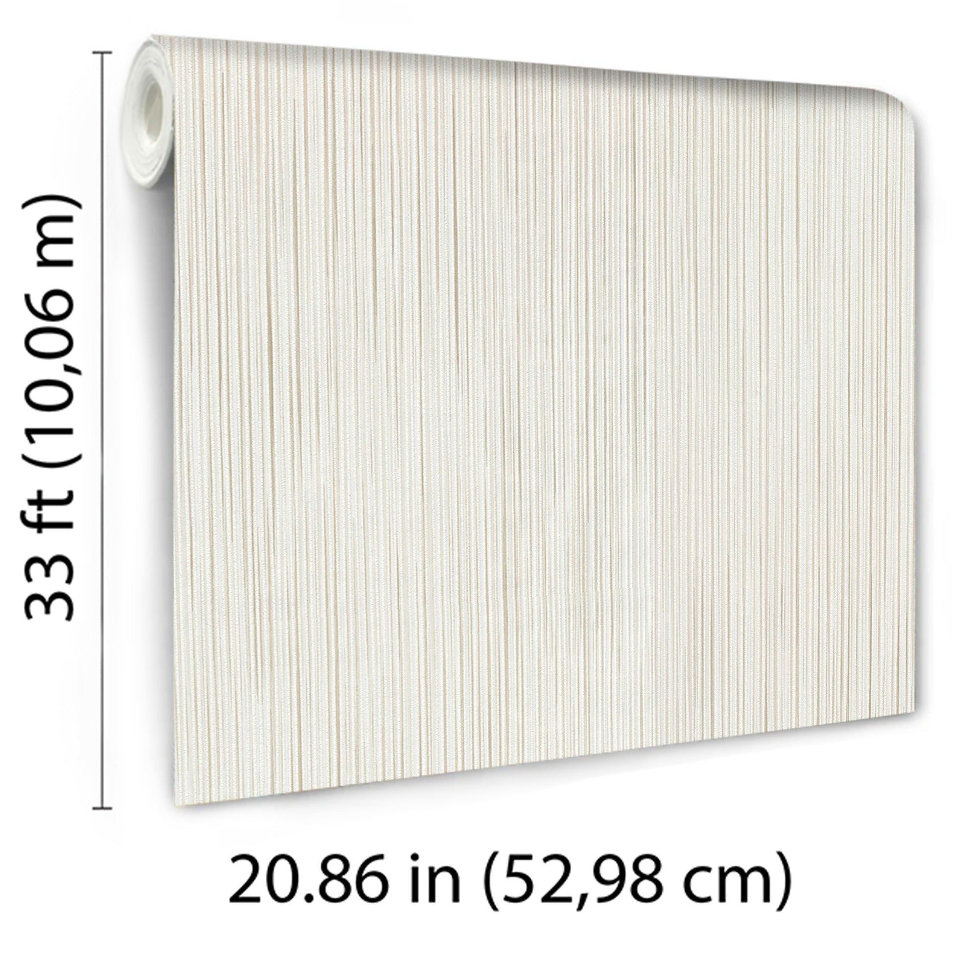 Off-white textured wallpaper with subtle vertical wood-grain lines; vinyl wallcovering in roll form, 20.86 in wide.