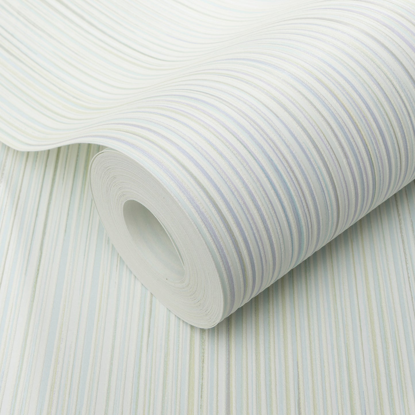 Rolled wallpaper with raised stria texture and subtle green stripes.