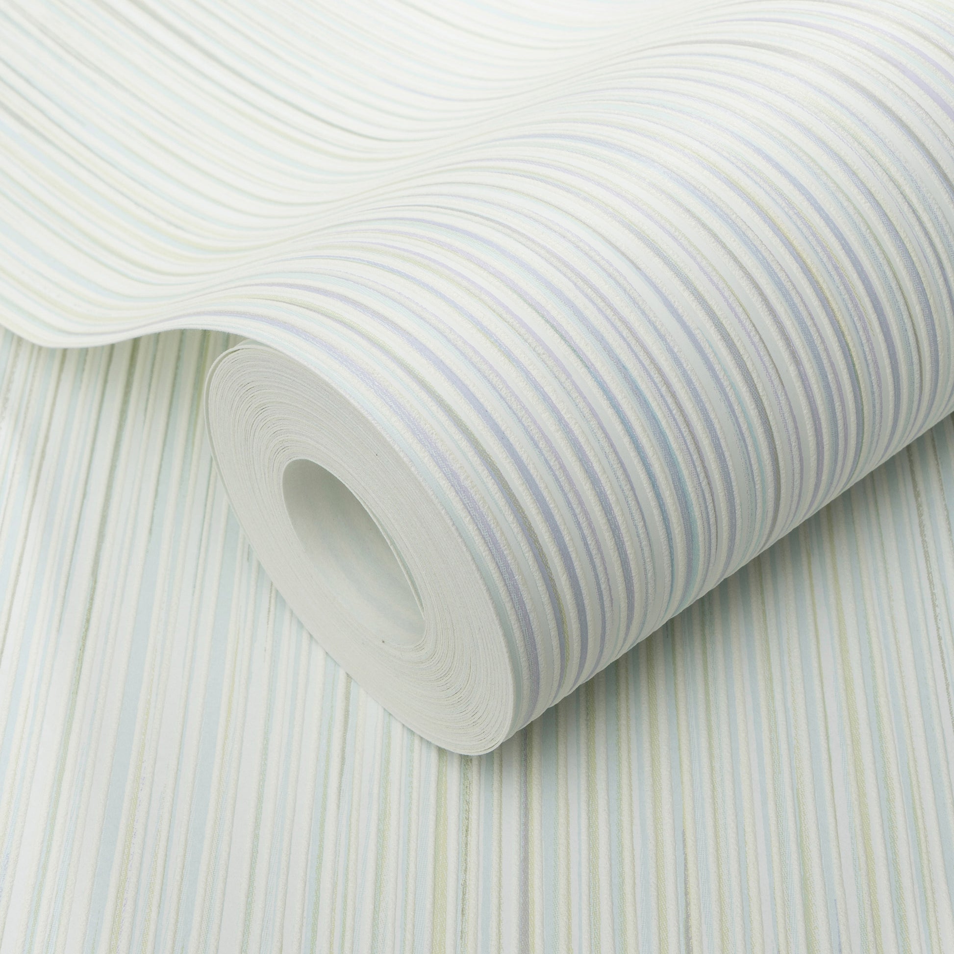 Rolled wallpaper with raised stria texture and subtle green stripes.