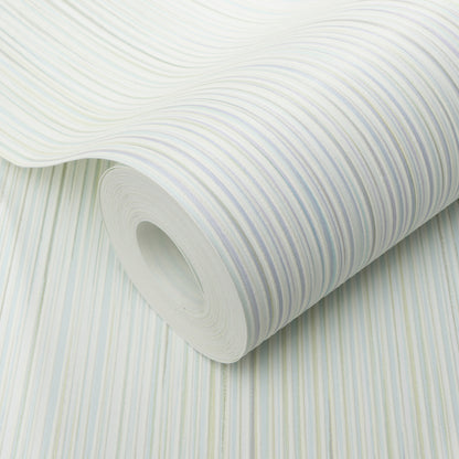 Rolled wallpaper with raised stria texture and subtle green stripes.