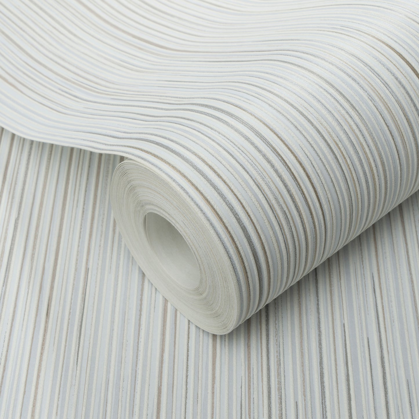 Rolled taupe wallpaper with a raised stria texture and subtle vertical stripes.