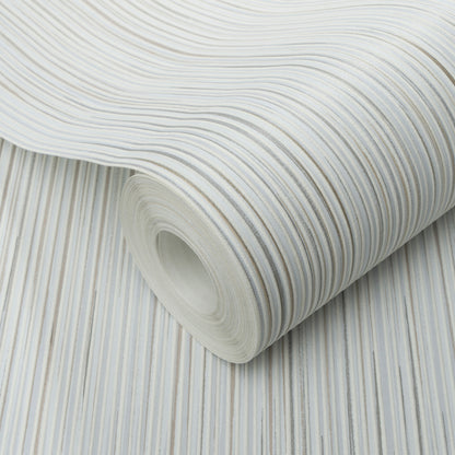 Rolled taupe wallpaper with a raised stria texture and subtle vertical stripes.