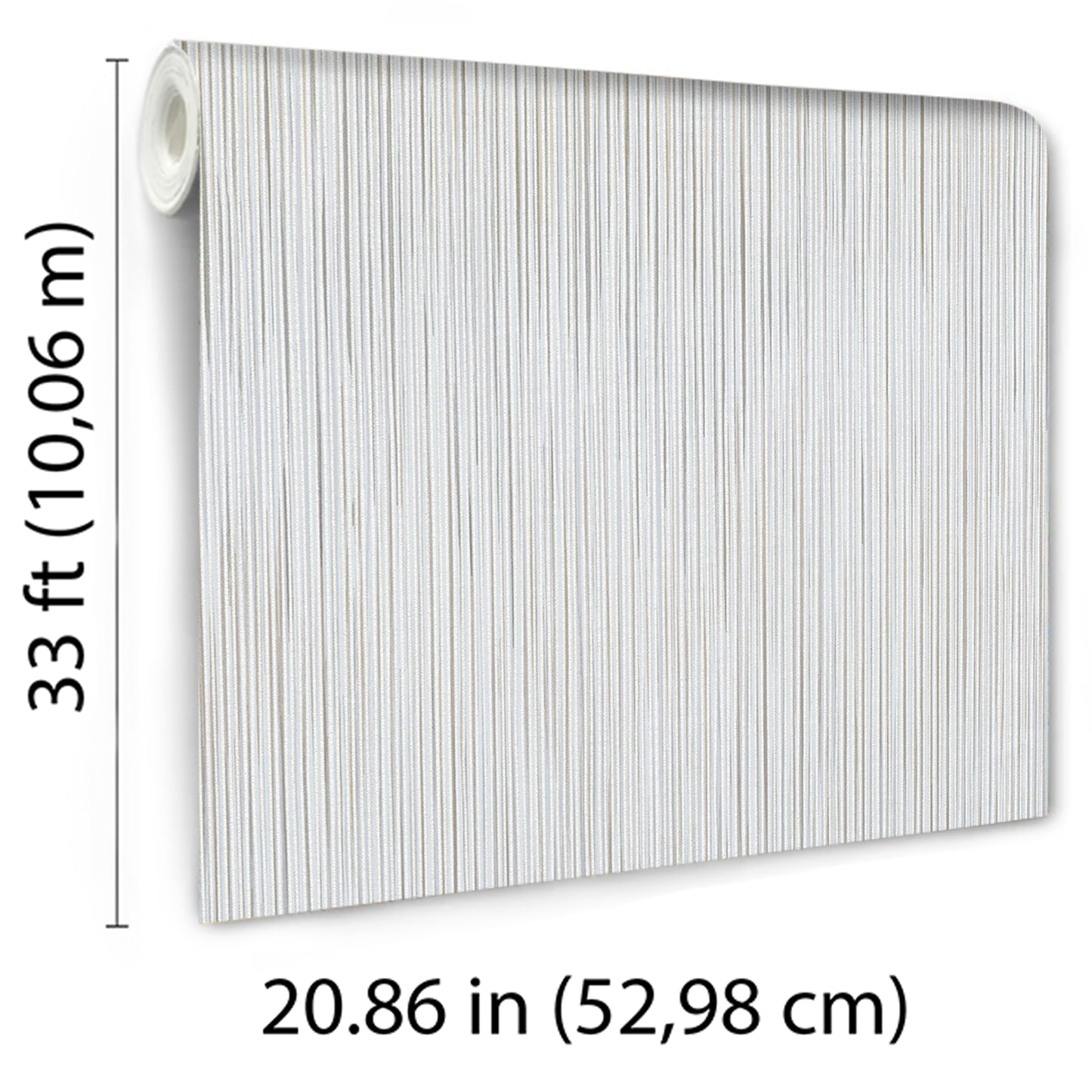 Rolled wallpaper panel with raised taupe vertical stria stripes on a light background; vinyl, 33 ft tall by 20.86 in wide.