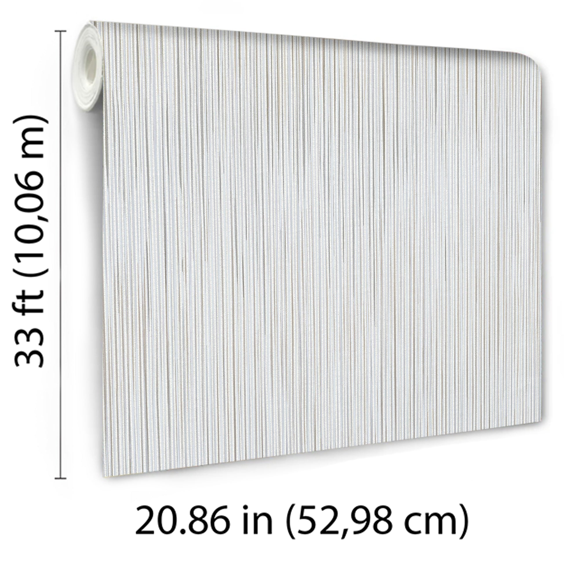 Rolled wallpaper panel with raised taupe vertical stria stripes on a light background; vinyl, 33 ft tall by 20.86 in wide.