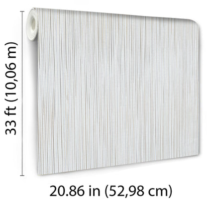 Rolled wallpaper panel with raised taupe vertical stria stripes on a light background; vinyl, 33 ft tall by 20.86 in wide.