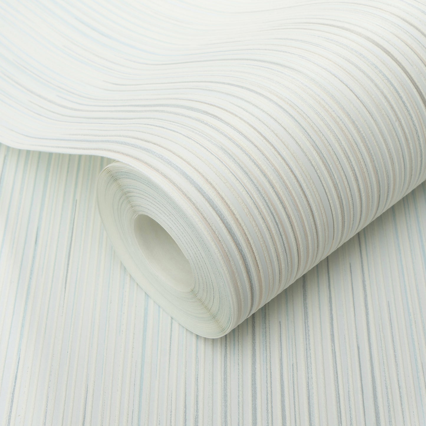 Rolled pale blue and white striped wallpaper with subtle curved stripes and textured vinyl.