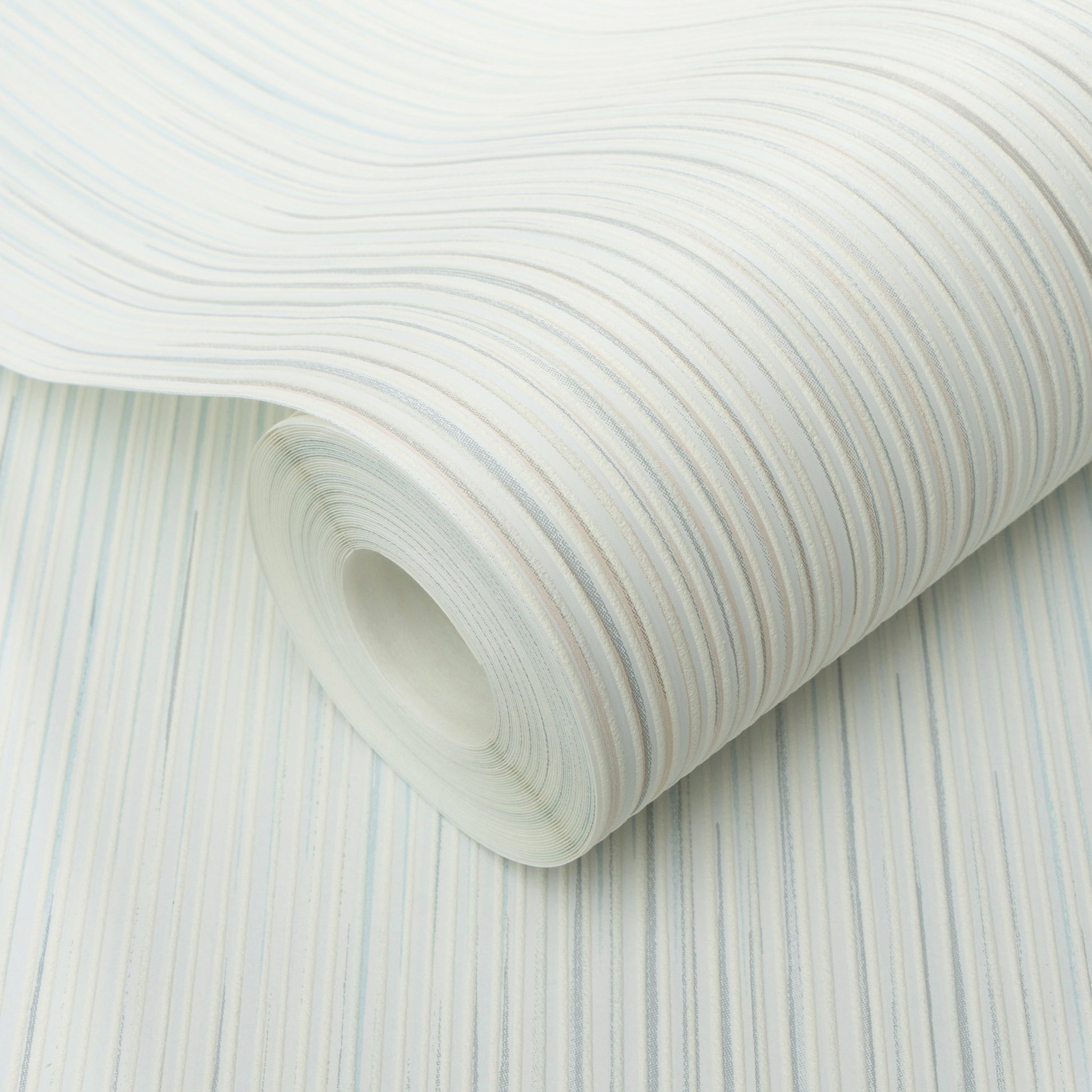 Rolled pale blue and white striped wallpaper with subtle curved stripes and textured vinyl.
