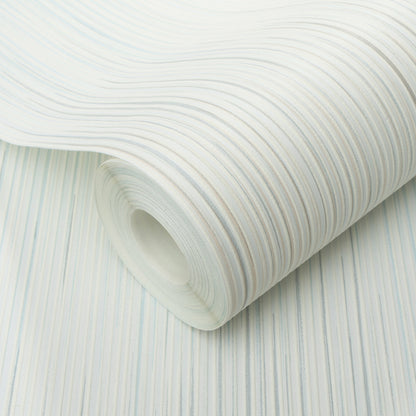 Rolled pale blue and white striped wallpaper with subtle curved stripes and textured vinyl.