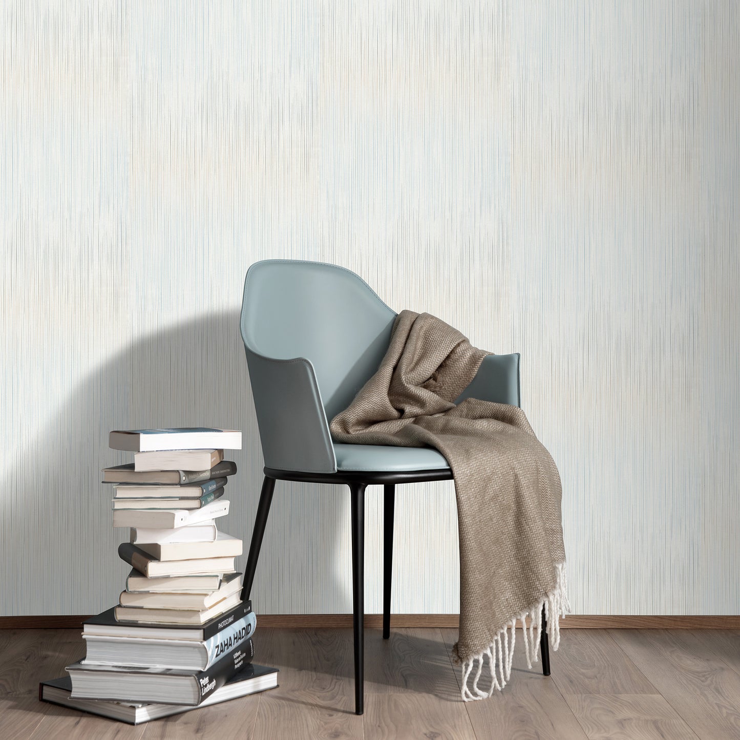 Traditional blue wallpaper with a raised stria texture.