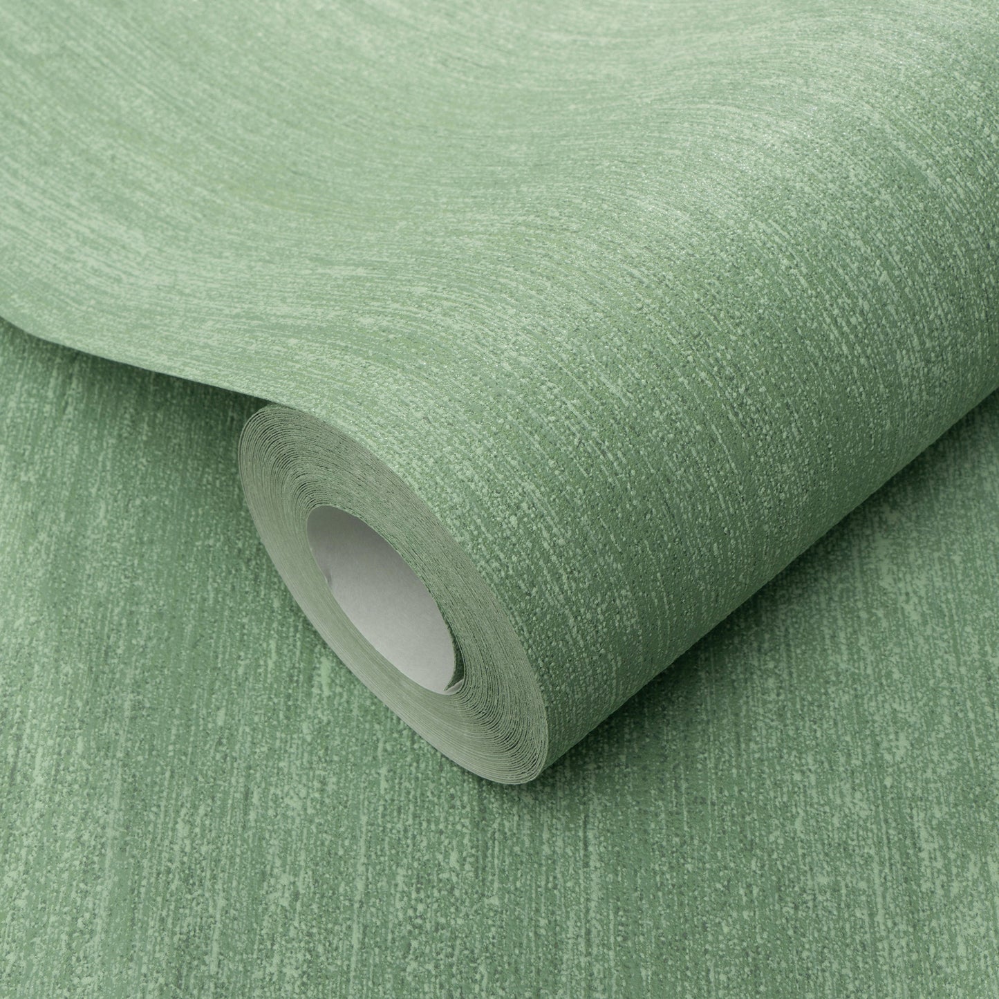 Green textured wallpaper roll with a subtle marled fabric-like finish and visible cardboard core.