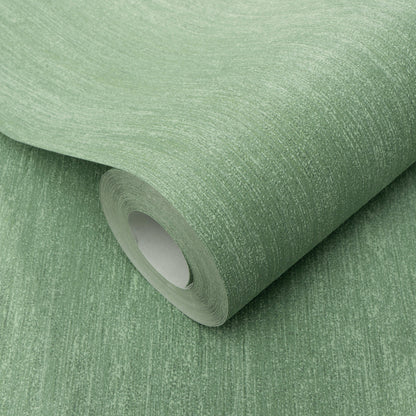 Green textured wallpaper roll with a subtle marled fabric-like finish and visible cardboard core.