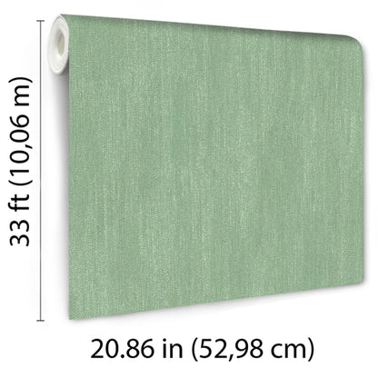 Textured sage green wallpaper roll with raised texture; 52.98 cm wide by 10.06 m long, rolled core visible.