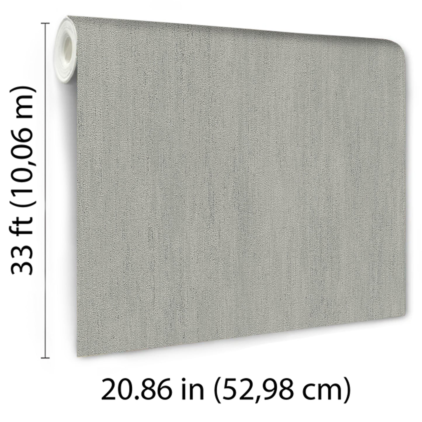 Taupe wallpaper roll with raised texture and traditional pattern; 33 ft long by 20.86 in wide.