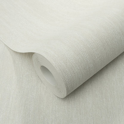Cream textured wallpaper roll with subtle linen-like grain, rolled edge for interior decor.