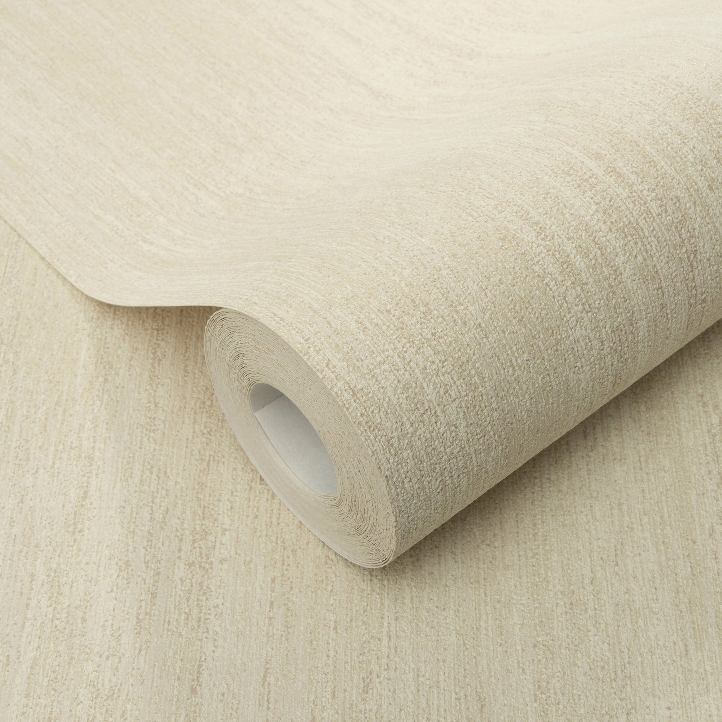 Cream textured wallpaper roll with subtle woven pattern, partially unrolled.