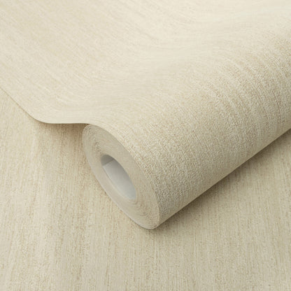 Cream textured wallpaper roll with subtle woven pattern, partially unrolled.