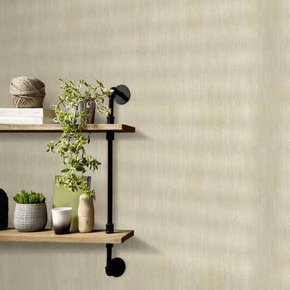 Beige textured wallpaper with raised pattern backdrop; two wooden shelves with black brackets, trailing plant, twine ball, books, small lamp, mugs and pots.
