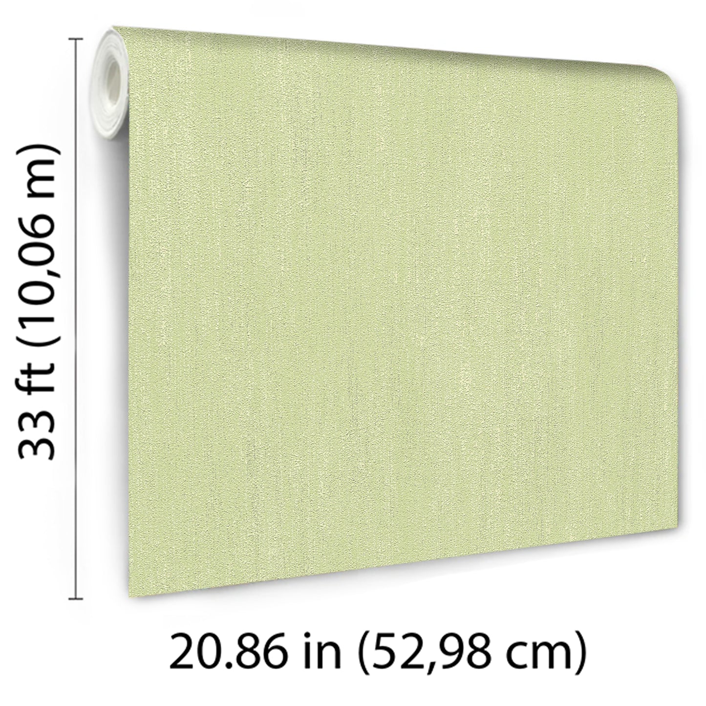 Light lime-green wallpaper roll with subtle linen texture; rolled core visible, 33 ft by 20.86 in.