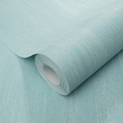 Seafoam blue wallpaper roll with raised texture, partially unrolled showing the core