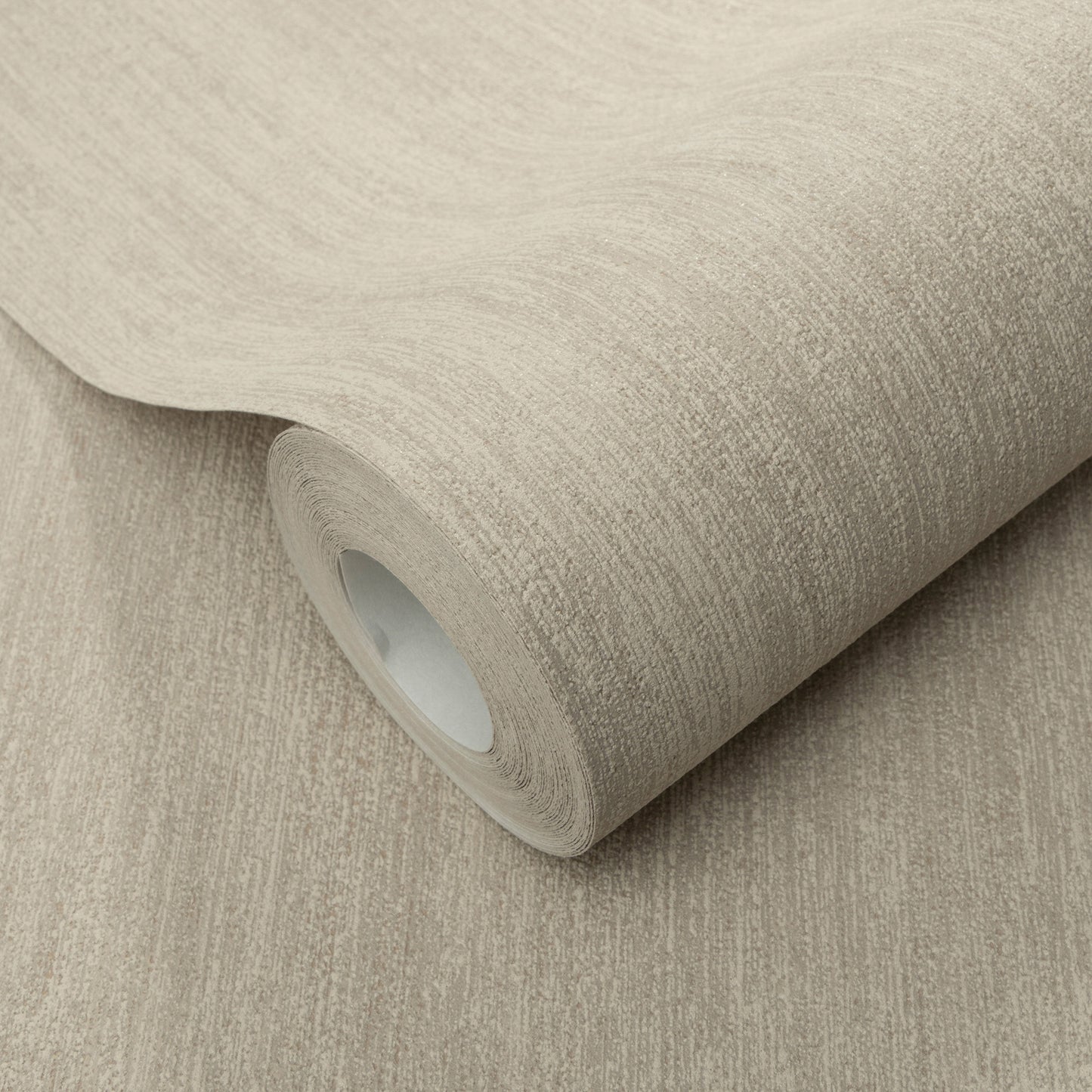 Brown raised texture wallpaper roll with a subtle linen weave, partially unrolled.