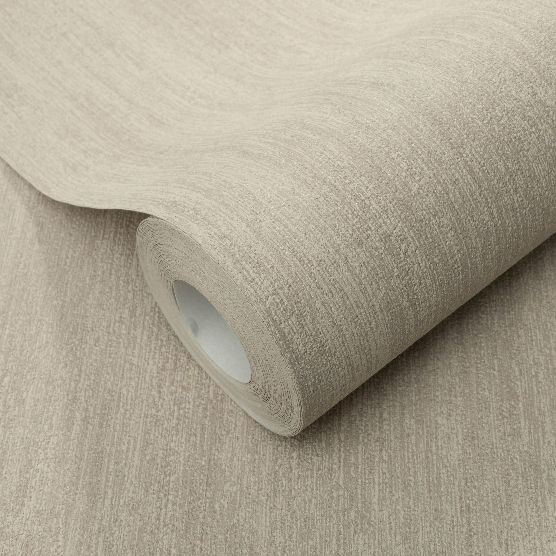 Brown raised texture wallpaper roll with a subtle linen weave, partially unrolled.