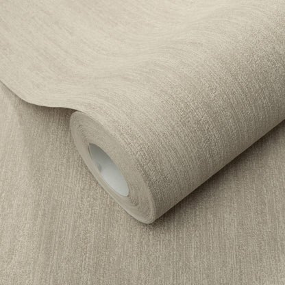 Brown raised texture wallpaper roll with a subtle linen weave, partially unrolled.