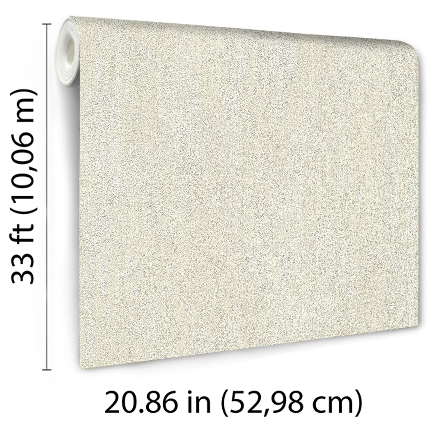 Cream raised-texture wallpaper panel with left-side roll; 33 ft long by 20.86 in wide.