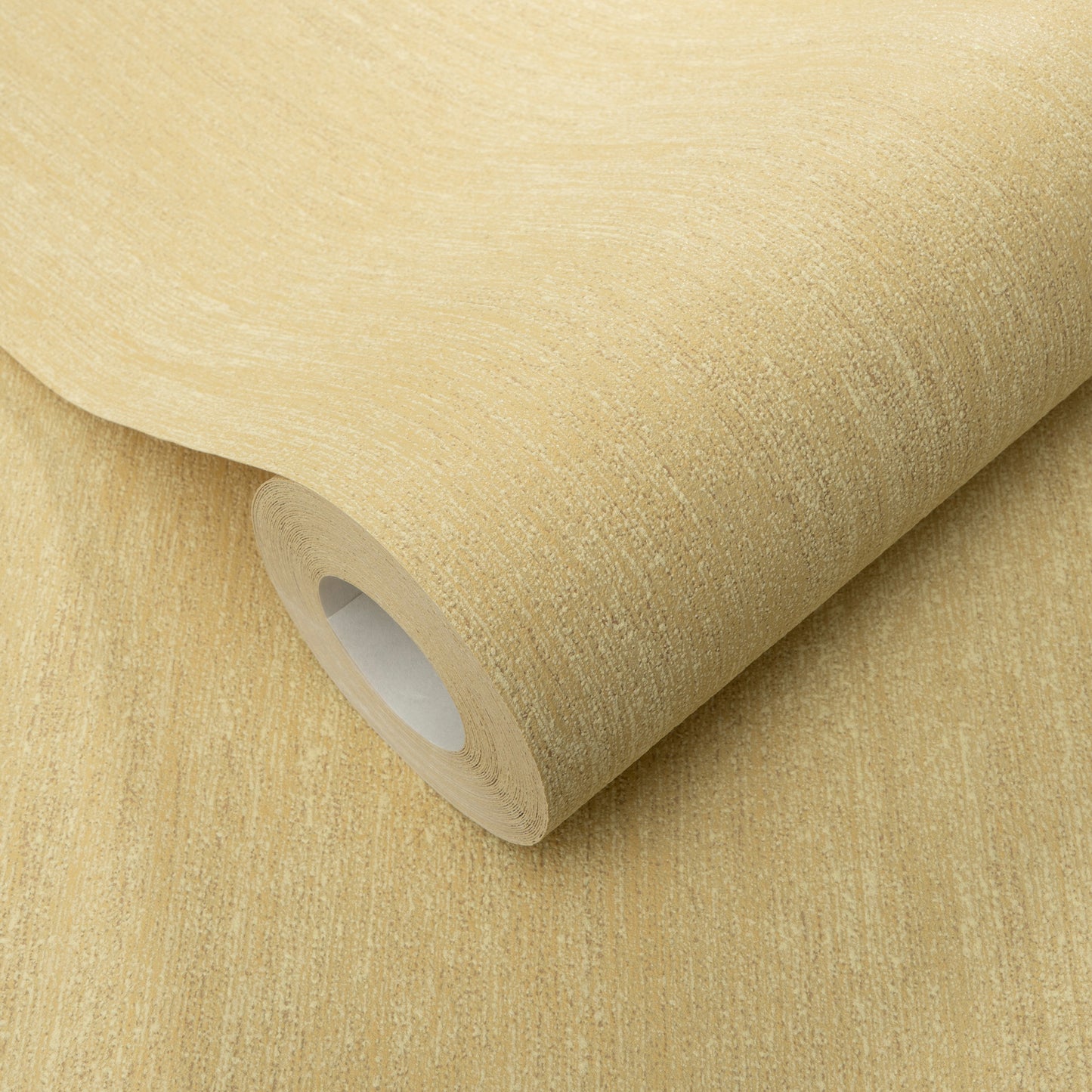 Beige textured wallpaper roll with subtle grain, partially unrolled showing the inner core.
