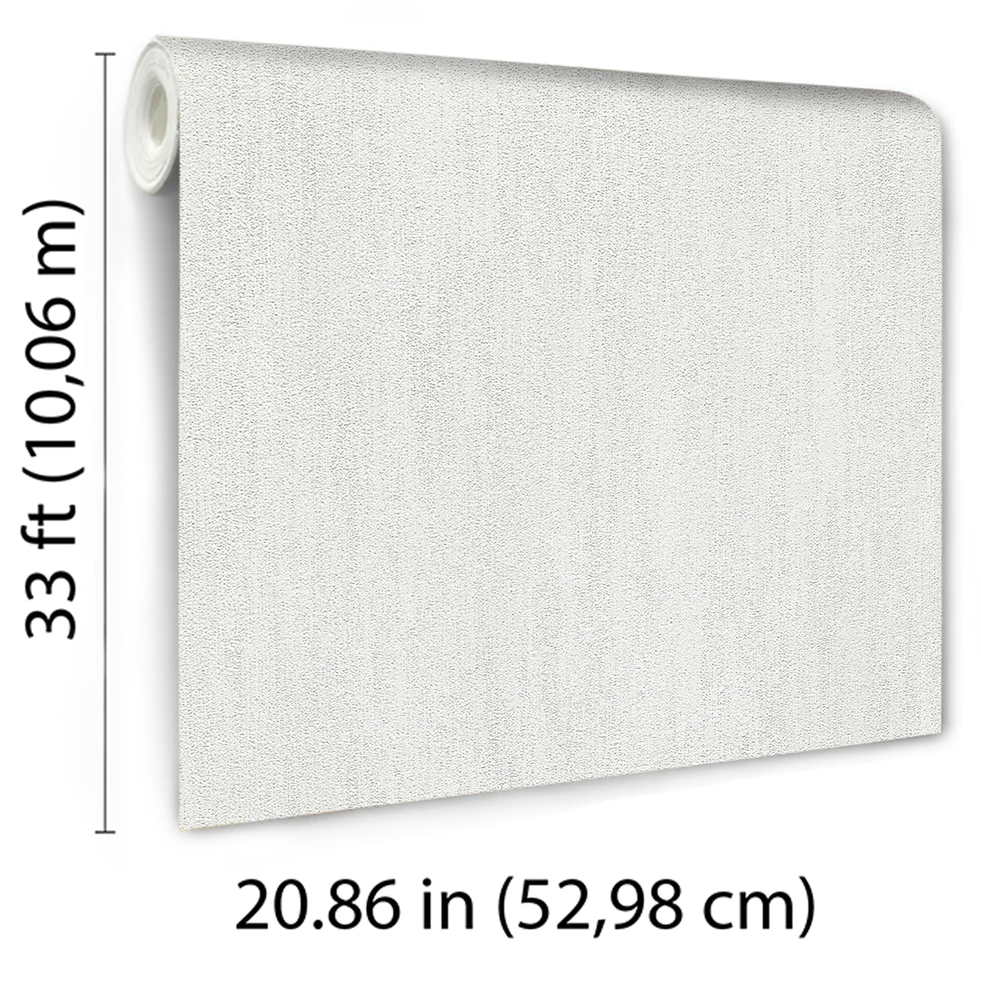 Light gray wallpaper roll with raised texture and fabric-like finish, 33 ft long and 20.86 in wide.