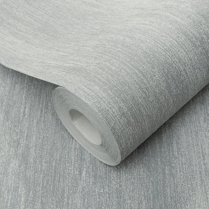 Roll of light gray textured wallpaper with subtle white streaks and brushed pattern.
