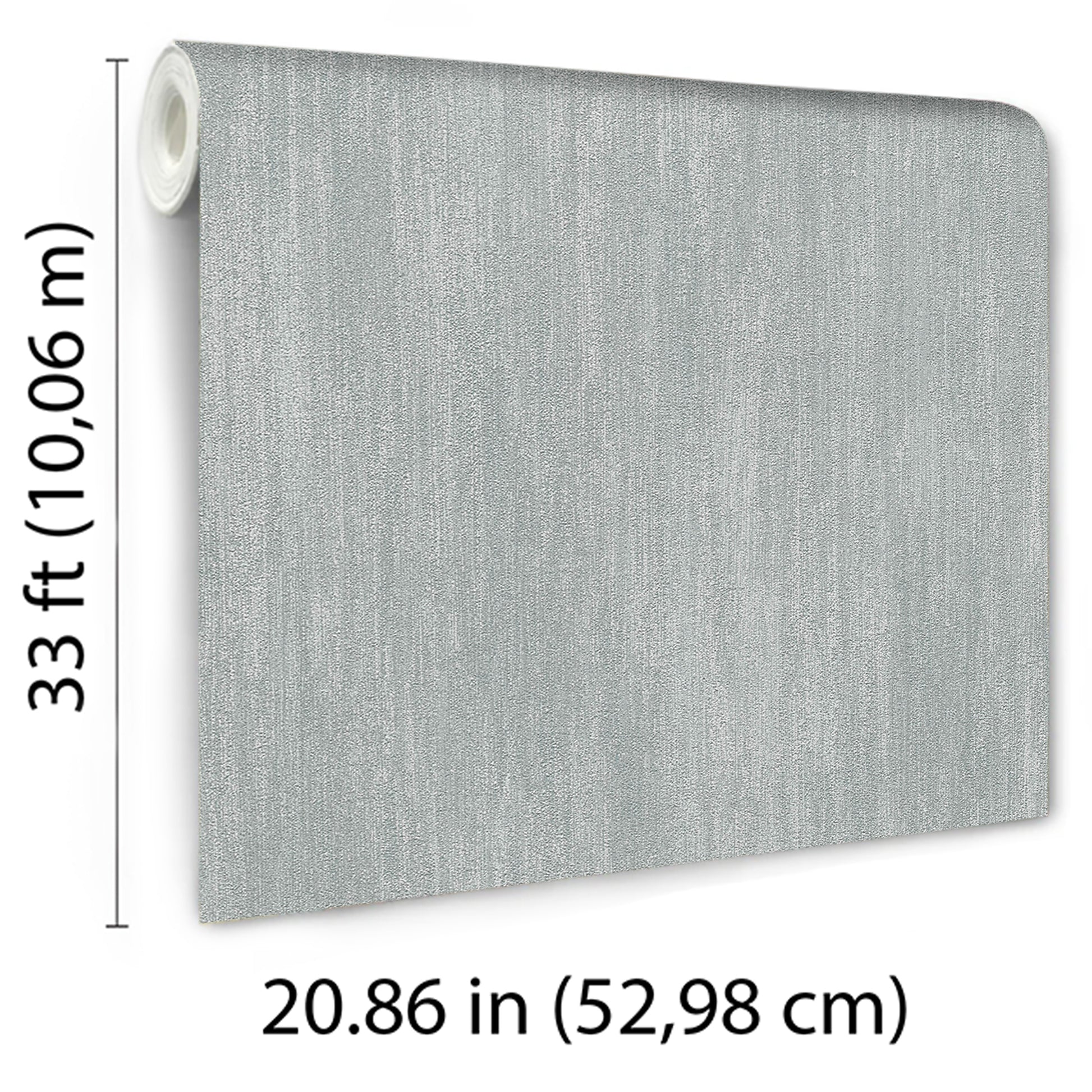 Light gray linen-texture wallpaper roll with vinyl finish, 33 ft long by 20.86 in wide, ideal for walls.