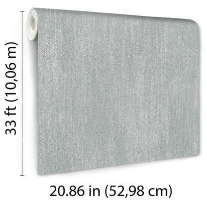 Light gray linen-texture wallpaper roll with vinyl finish, 33 ft long by 20.86 in wide, ideal for walls.