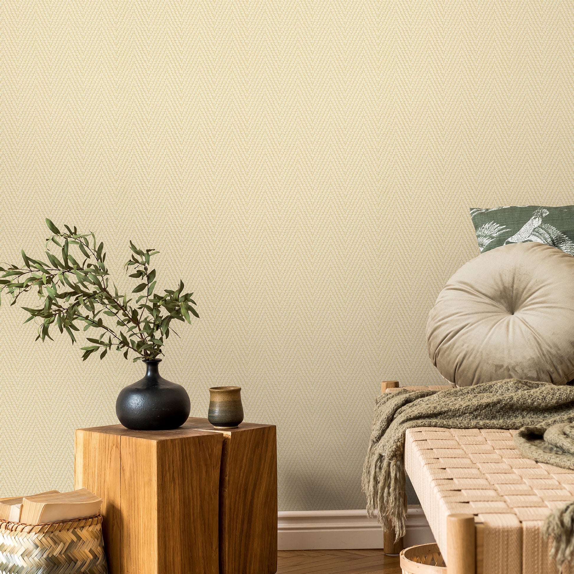 Yellow chevron stripe wallpaper in a traditional pattern shown on a wall.
