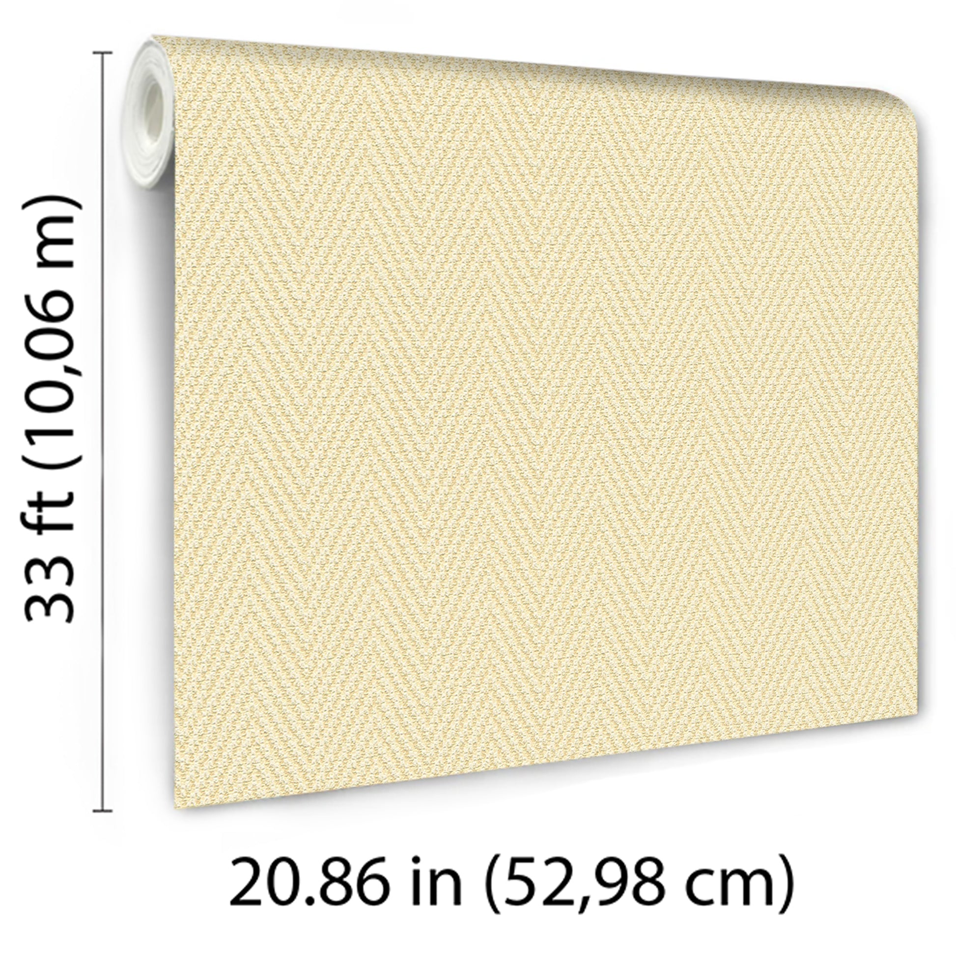 Beige textured wallpaper roll with subtle pattern; rolled left, unrolled sheet to the right, 33 ft long, 20.86 in wide.