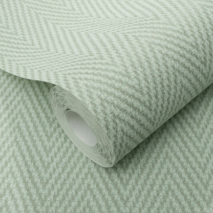 Mint green chevron stripe wallpaper roll with a subtle white chevron pattern for wall decor.