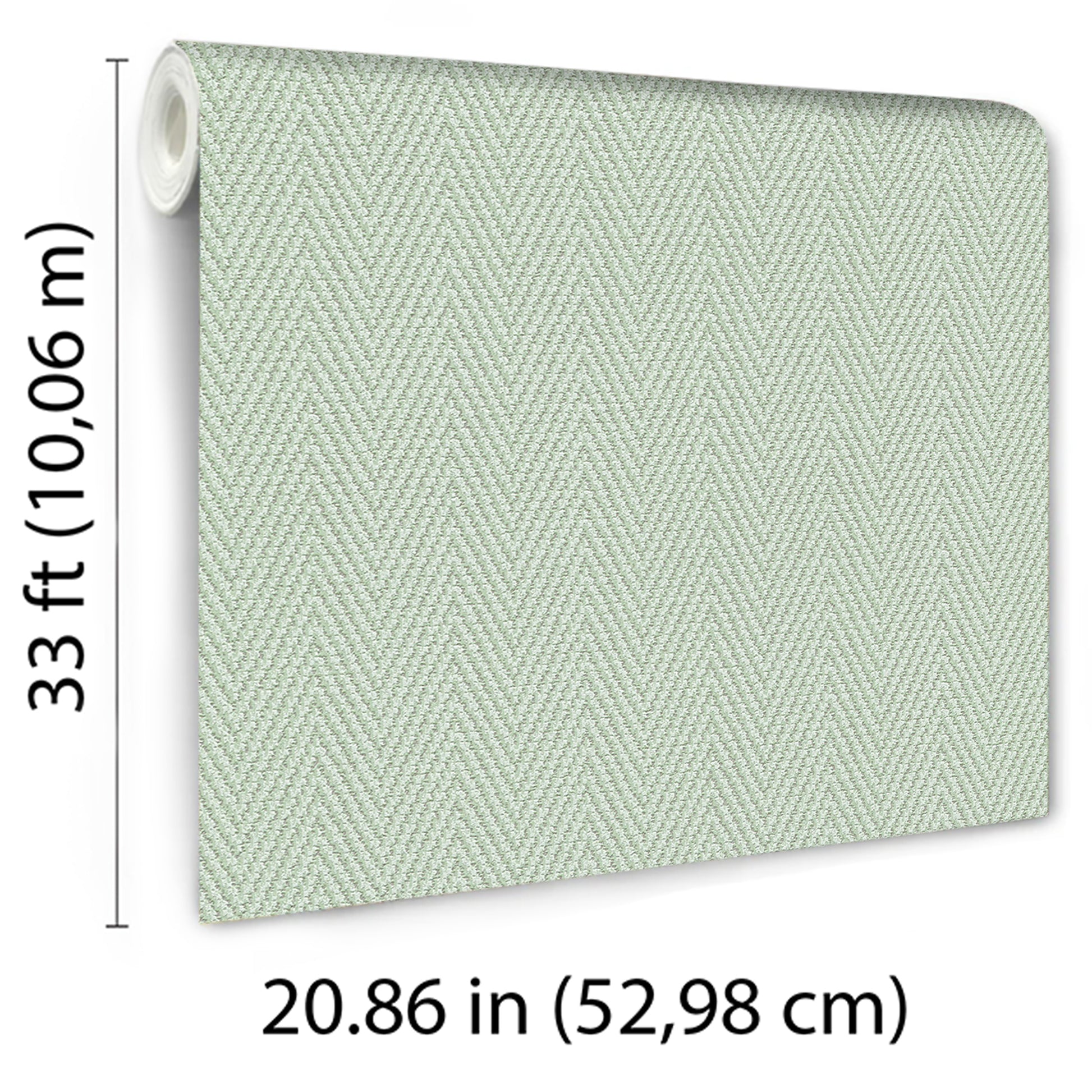 Light sage green chevron stripe textured wallpaper roll, partially unrolled; 33 ft long, 20.86 in wide.