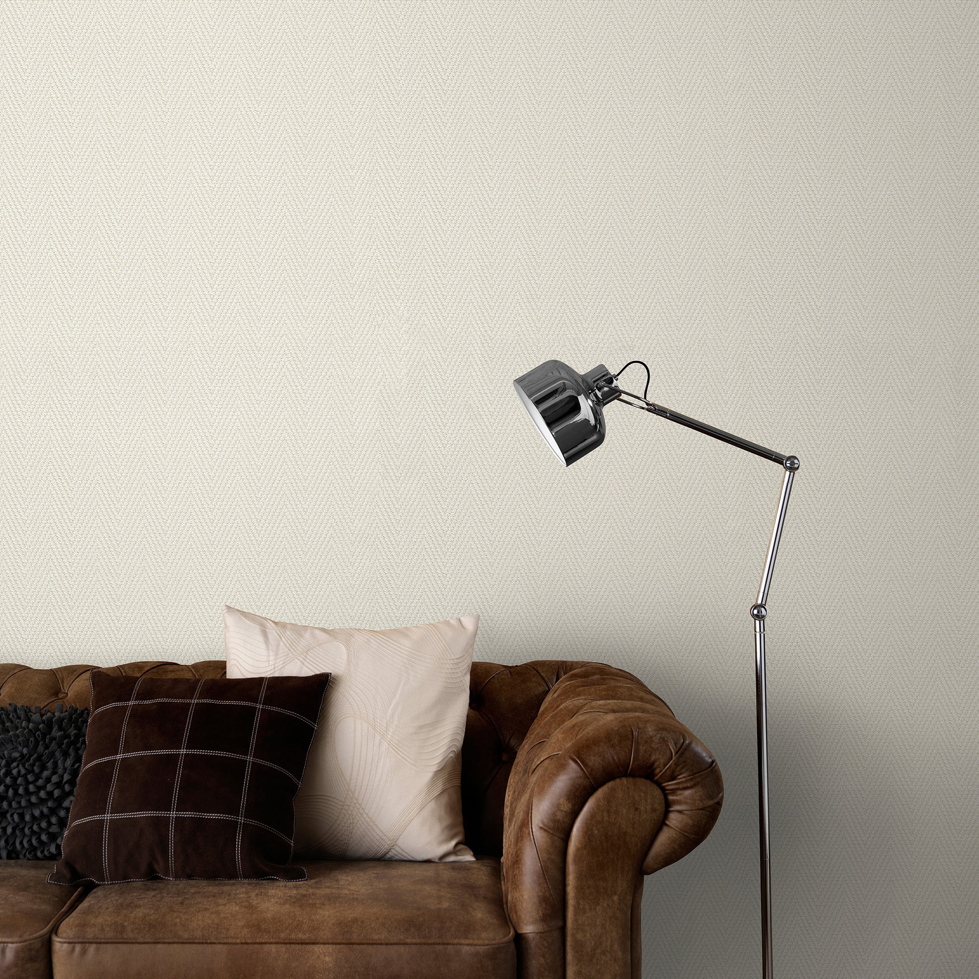 Cream chevron stripe wallpaper with a traditional pattern, shown as a wall sample.