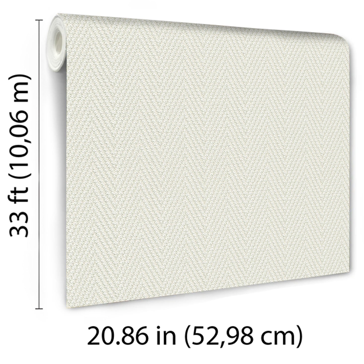 Cream chevron stripe wallpaper roll with subtle texture, 20.86 in wide and 33 ft long.