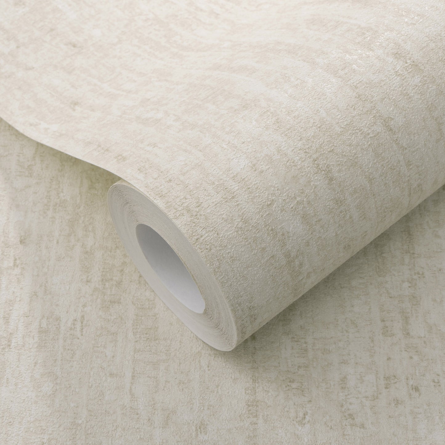 Beige textured wallpaper roll with subtle marbled grain & white core.