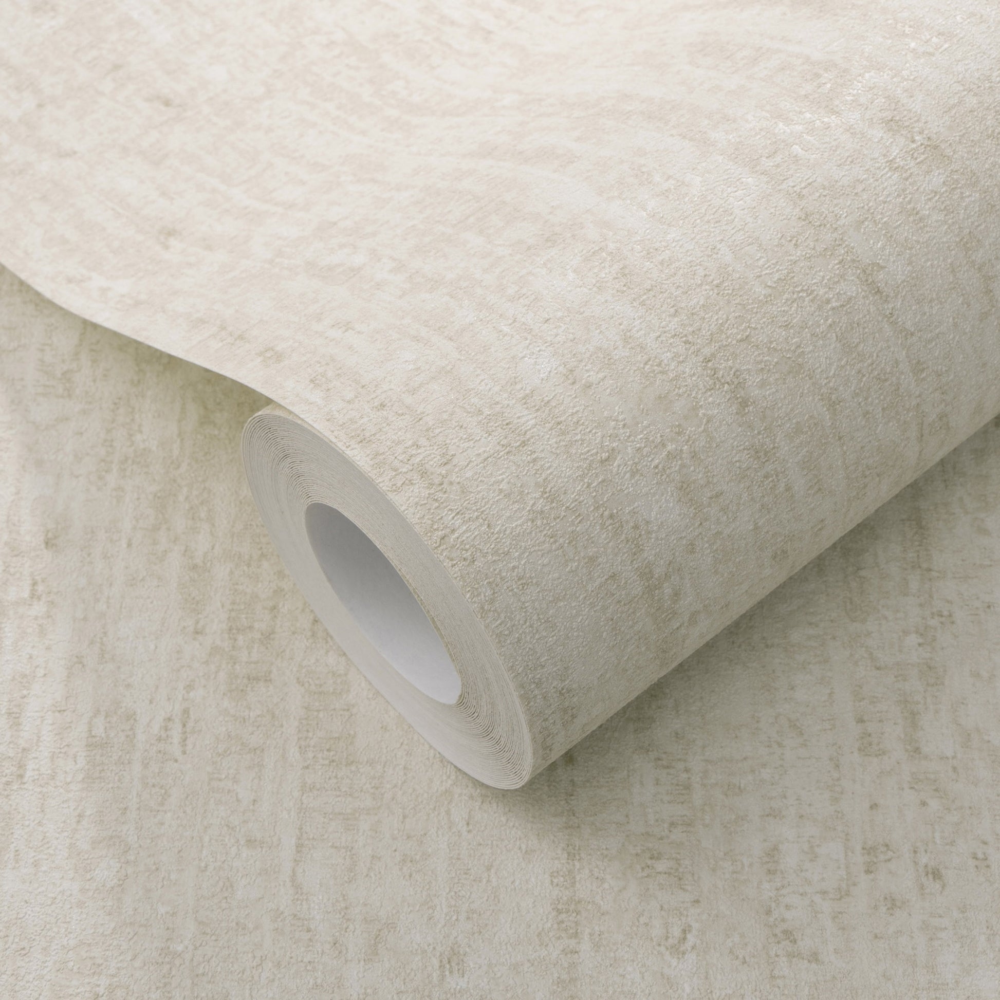 Beige textured wallpaper roll with subtle marbled grain & white core.