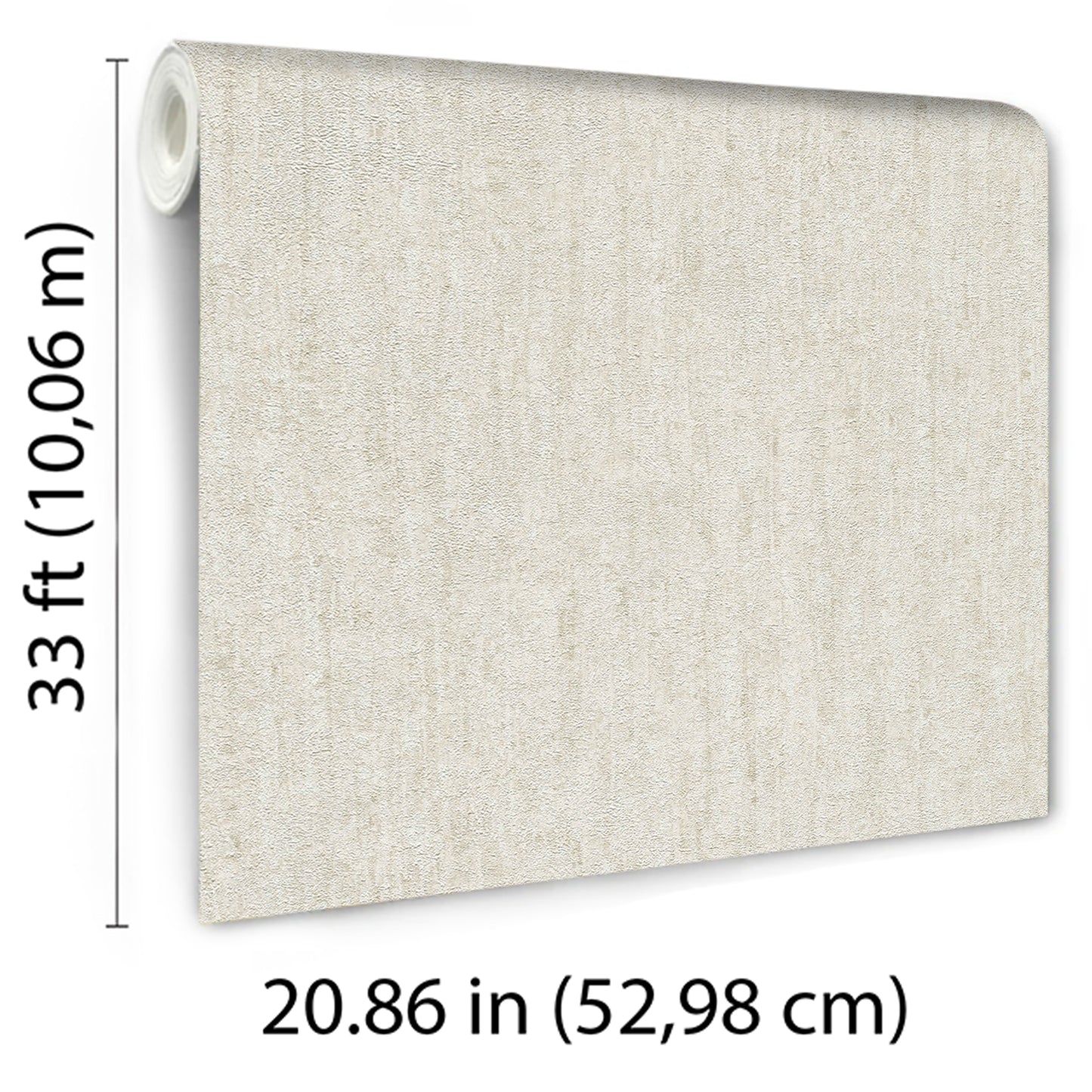 Beige linen-textured wallpaper panel with rolled top edge; neutral wallcovering, 33 ft tall by 20.86 in wide.